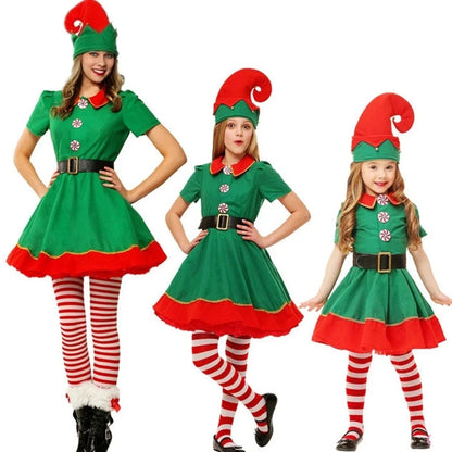 2025 New Christmas Children's and Adult Christmas Elf Costumes, Santa Claus Green Elf Costumes, Cosplay Halloween Costume Set