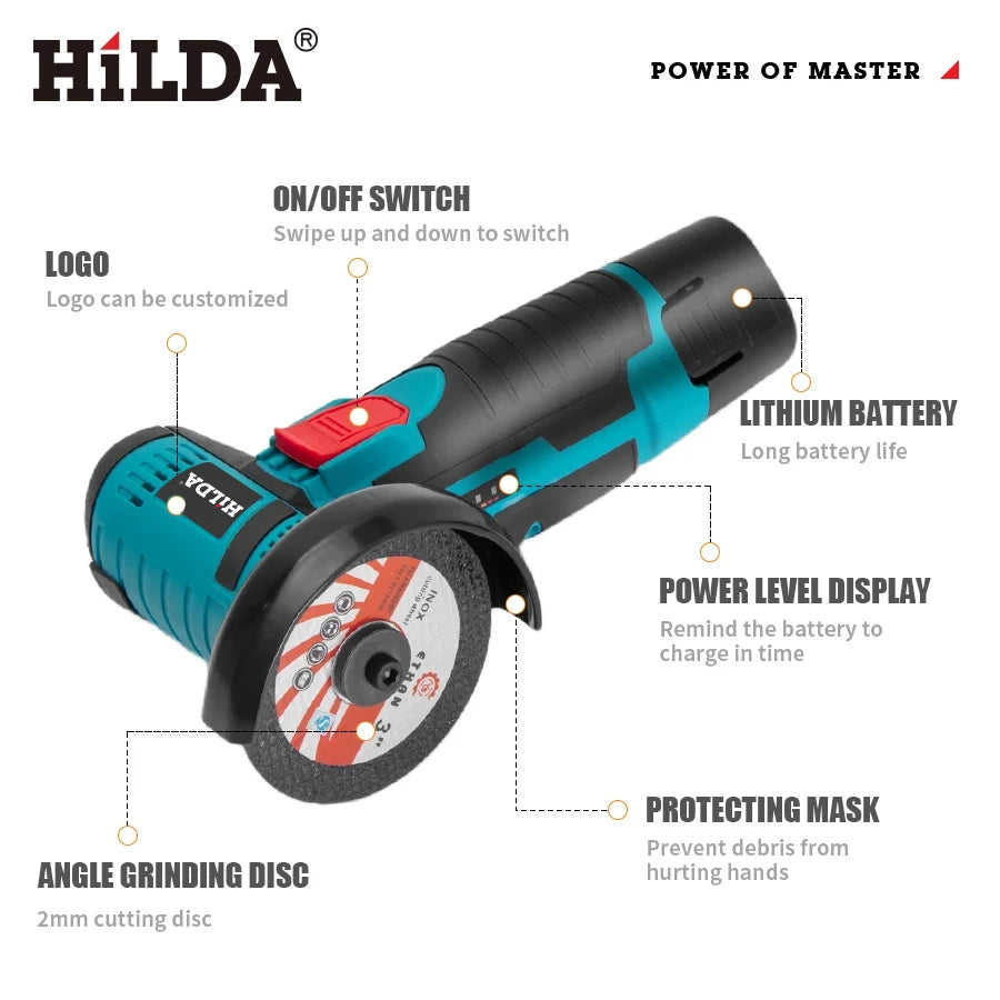 HiLDA 12V Mini Electric Angle Grinder 3-Inch Cordless Cutting & Polishing MachineElectric Angle Grinder