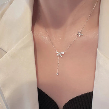 Elegant Zircon Crystal Bow Pendant Necklace – Exquisite Bowknot Tassel Clavicle Chain Jewelry Gift for Women