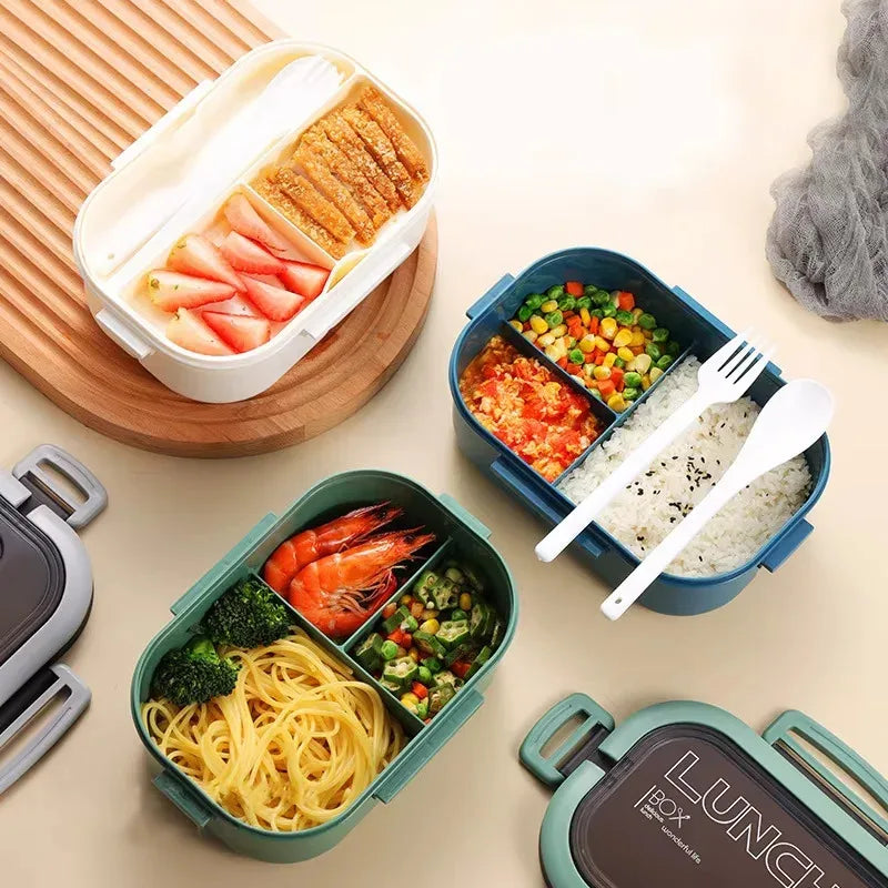 Bento Lunch Box - Double Layer with Fork & Spoon | Microwave Safe Meal Prep Container