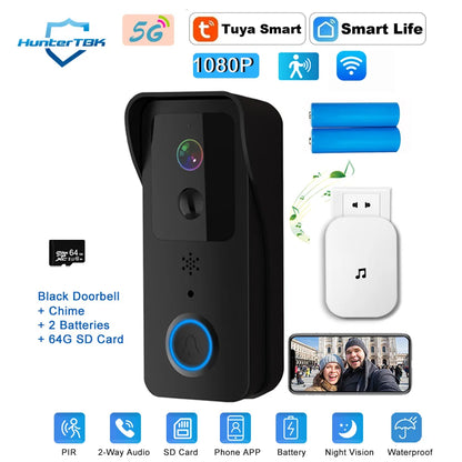 Smart WiFi Video Doorbell 1080P – 5G/2.4G Tuya Wireless Door Camera, Outdoor Waterproof Intercom with Motion Alert & Chime