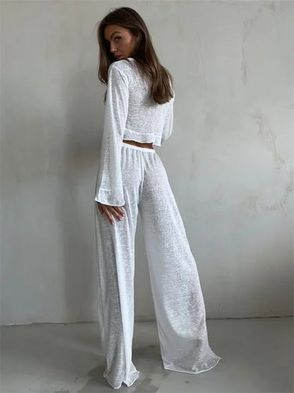 Women’s 2-Piece Fashion Set – V-Neck Lace-Up Long Sleeve Top & High-Waist Trousers | Casual Chic Outfit