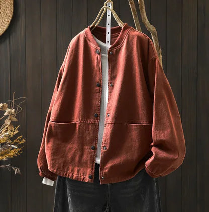Women’s Casual Cotton Coat – 2025 Autumn Solid Color Loose Short Jacket with Double Pockets | Simple Everyday Style (T647)