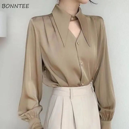 Women’s Casual V-Neck Hollow-Out Shirt – Soft Solid Blouse Retro European Style Streetwear Top