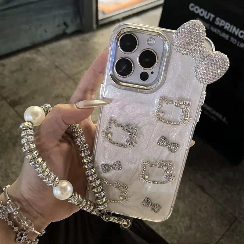 Hello Kitty Anime Diamond Three-dimensional Chain Phone Case for IPhone 11 12 13 14 15 Pro Max Plus 16Pro Shockproof Cover Gifts