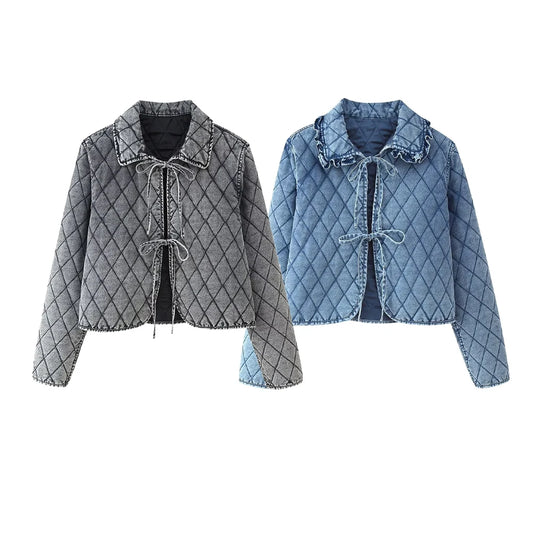 Women’s Quilted Denim Coat – Washed Cowboy Jacket with Bow Decoration | Spring/Summer Casual Fashion