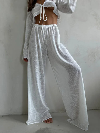 Women’s 2-Piece Fashion Set – V-Neck Lace-Up Long Sleeve Top & High-Waist Trousers | Casual Chic Outfit