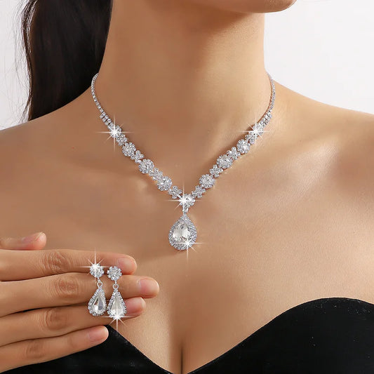 2pcs Elegant Waterdrop Rhinestone Jewelry Set โ Womenโs Wedding Bridal Necklace & Stud Earrings