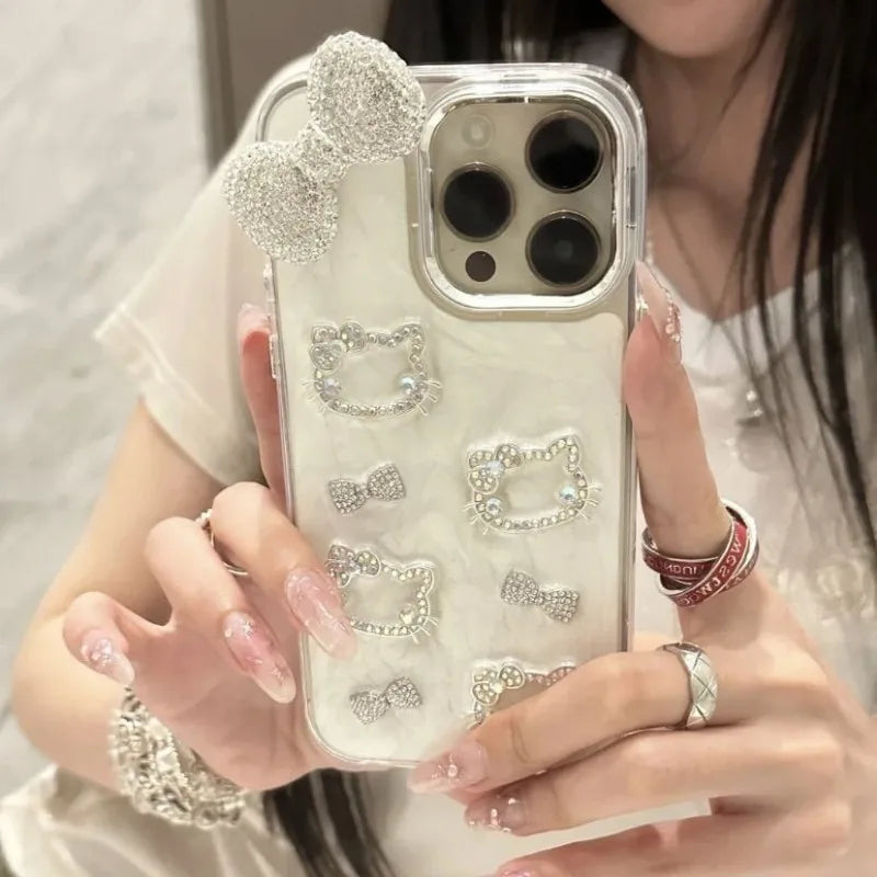Hello Kitty Anime Diamond Three-dimensional Chain Phone Case for IPhone 11 12 13 14 15 Pro Max Plus 16Pro Shockproof Cover Gifts