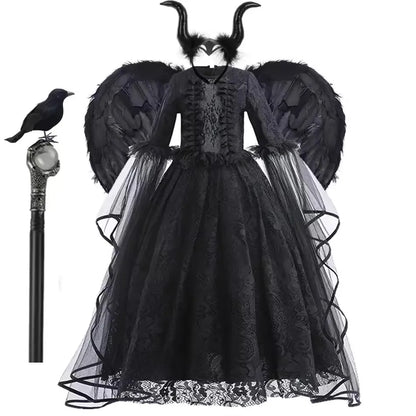 2025 Halloween Kids Evil Witch Costume – Maleficent-Inspired Black Tulle Dress for Fantasy Party & Cosplay