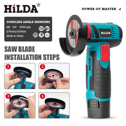 HiLDA 12V Mini Electric Angle Grinder 3-Inch Cordless Cutting & Polishing MachineElectric Angle Grinder