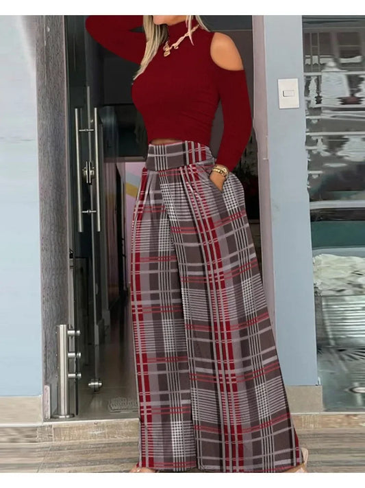Casual Holiday Outfit for Women – Cold Shoulder Top & Plaid Wide Leg Pants Set | 2025 High Waist Two-Piece Suit