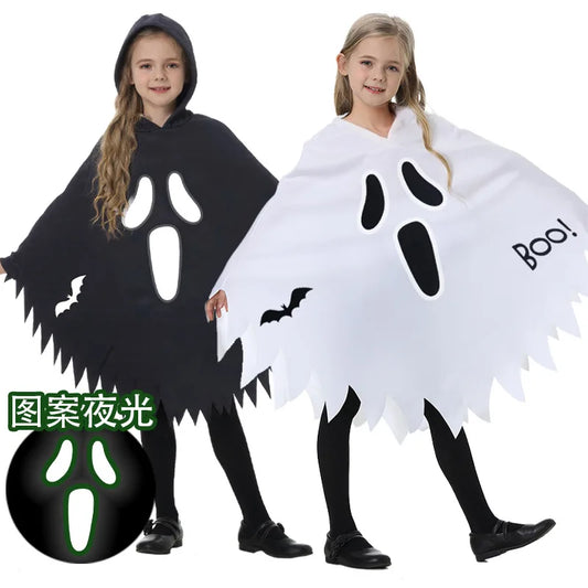 2025 Halloween Kids Costume – Glowing White Scream Ghost Face with Ghost Cape, Party & Dance Dress