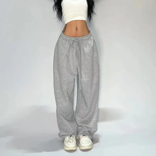 Women’s Casual Gray Wide-Leg Sweatpants – Oversized Joggers Streetwear Sports Trousers