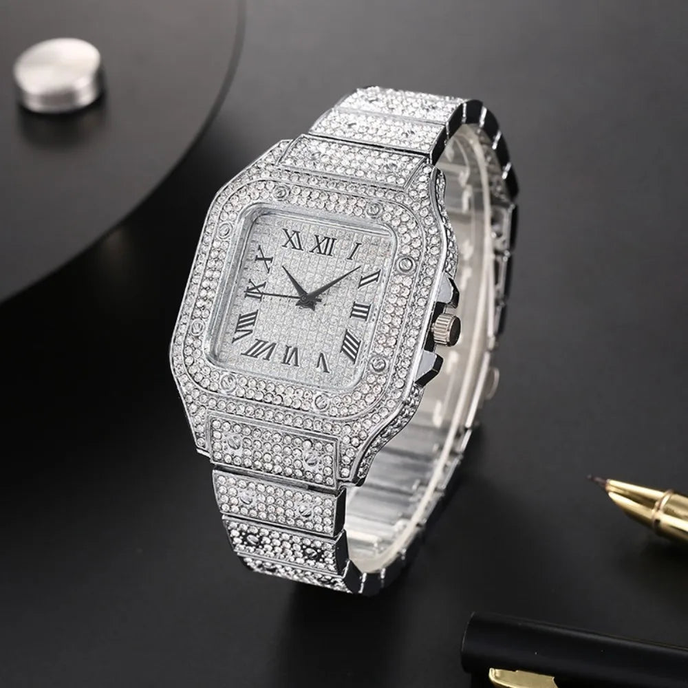 Classic Luxury Men’s Square Rhinestone Quartz Watch – Business Stainless Steel Roman Scale Wristwatch