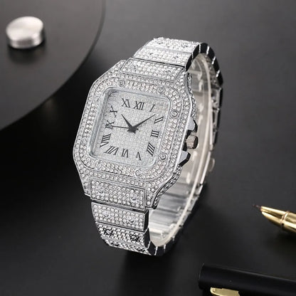 Classic Luxury Men’s Square Rhinestone Quartz Watch – Business Stainless Steel Roman Scale Wristwatch