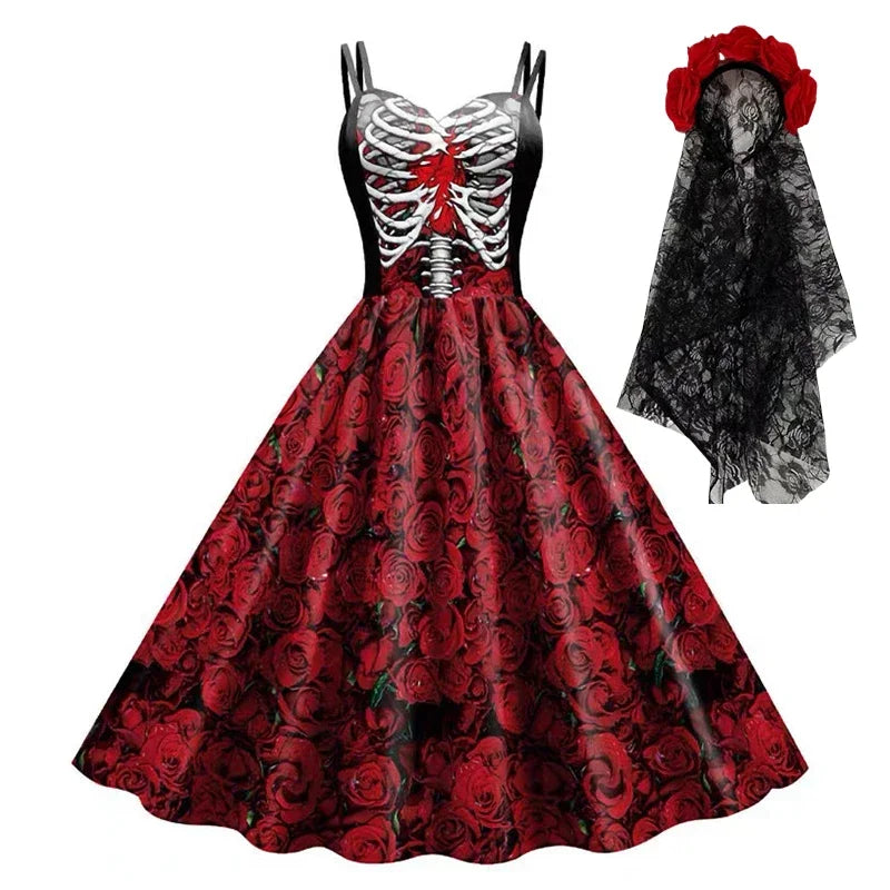 2025 Halloween Women’s Skull Print Halter Dress – Sleeveless Tunic Vintage Party Dress, Gothic Masquerade Vestido