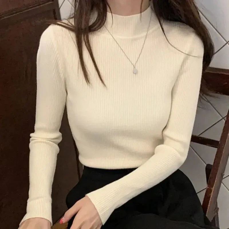 Autumn Winter Women’s Mock Neck Slim Knit Sweater