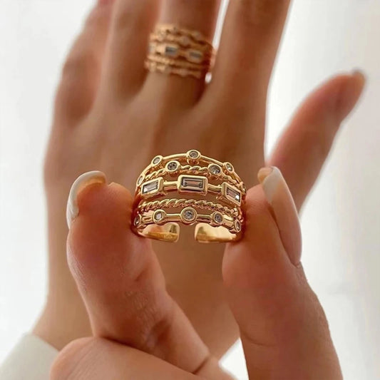 New 18K Gold Plated Sun Ring – Natural Stone Inlaid Hollow Metal Texture Jewelry for Women