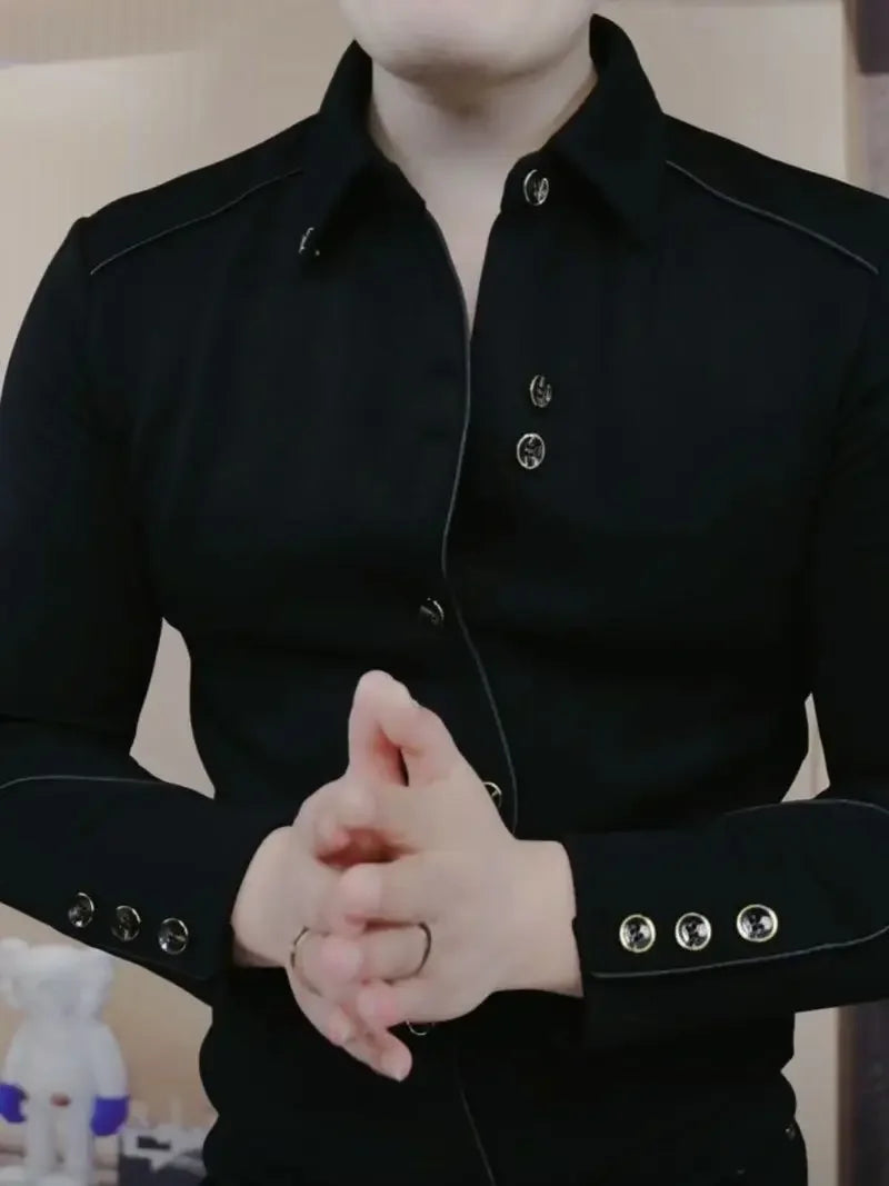 Men’s High-End Slim Fit Lapel Sweatshirt – Autumn Winter Luxury Korean Style Long Sleeve Shirt