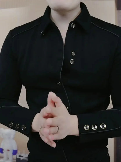 Men’s High-End Slim Fit Lapel Sweatshirt – Autumn Winter Luxury Korean Style Long Sleeve Shirt