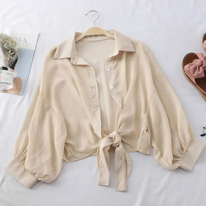 Women’s Elegant White Chiffon Blouse – Loose Fit Tied Waist Hollow Design Bat Sleeve Summer Shirt
