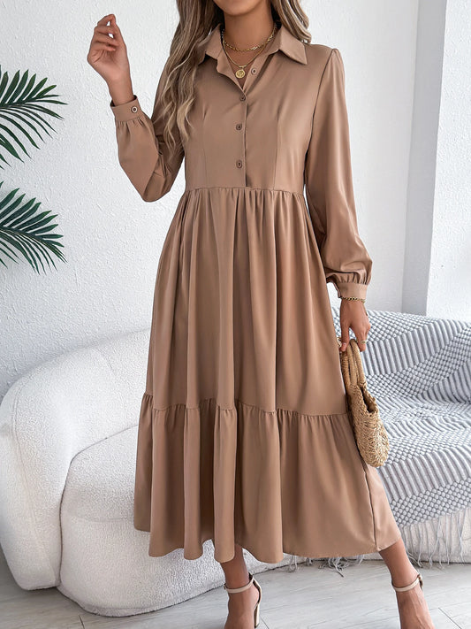 Women’s Casual Vacation Shirt Dress – Long Sleeve Turn-Down Collar Single-Breasted Spring & Autumn Dress