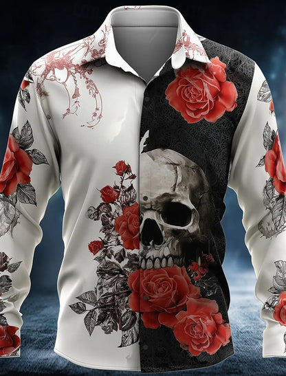 2025 Halloween Men’s Costume Shirt – Skull Print Button-Up Long Sleeve Casual Dress Shirt, Dark Gothic Style