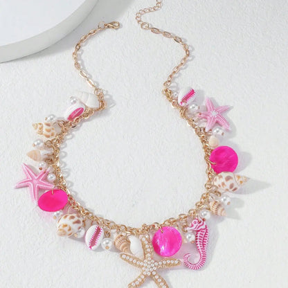 Bohemian Sea Star & Seahorse Pendant Necklace – Pearl Shell Seaside Resort Jewelry for Women