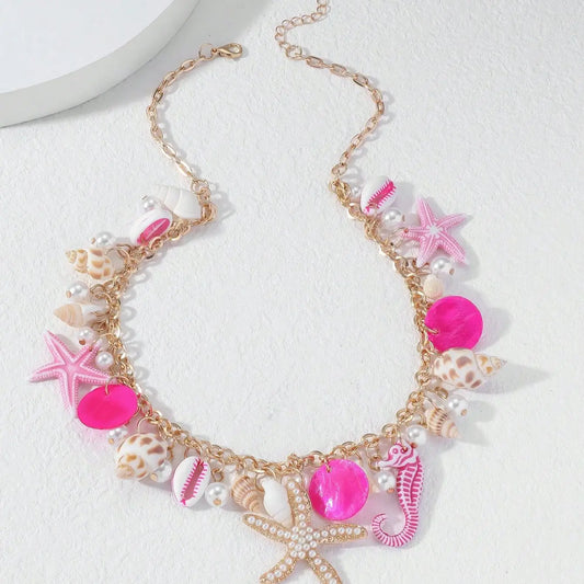 Bohemian Sea Star & Seahorse Pendant Necklace – Pearl Shell Seaside Resort Jewelry for Women