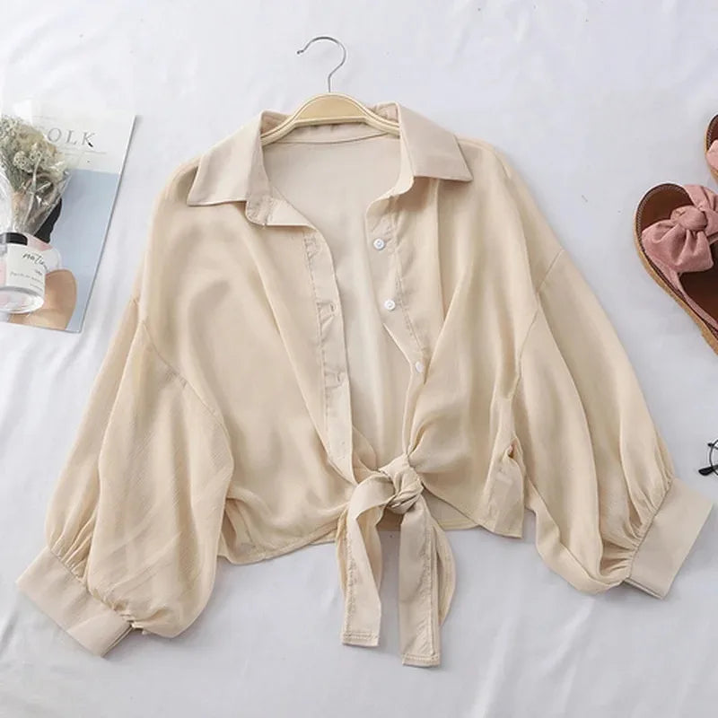 Women’s Casual White Chiffon Blouse – Hollow Bat Half Sleeve with Tied Waist & Buttons | Summer Elegant Top