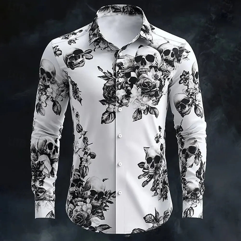 2025 Halloween Men’s Costume Shirt – Skull Print Button-Up Long Sleeve Casual Dress Shirt, Dark Gothic Style