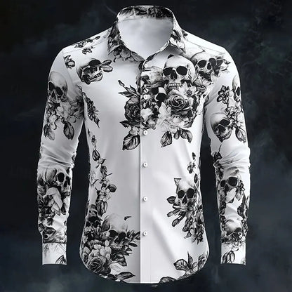 2025 Halloween Men’s Costume Shirt – Skull Print Button-Up Long Sleeve Casual Dress Shirt, Dark Gothic Style