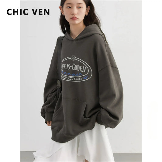 CHIC VEN Women’s Sweatshirt – Retro Letter Printed Hoodie, Loose Cotton Streetwear Top for Spring & Autumn