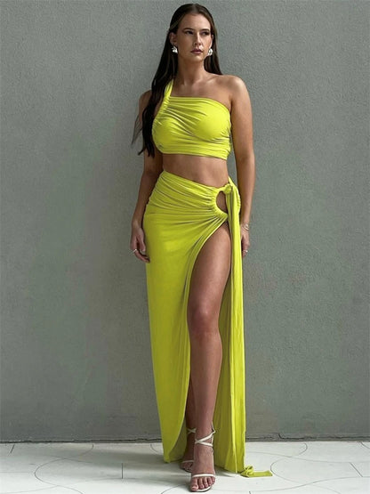Ladies Summer 2-Piece Set – Sleeveless Backless Crop Top & Side-Slit Slim Long Skirt for Evening, Party, Club, and Streetwear