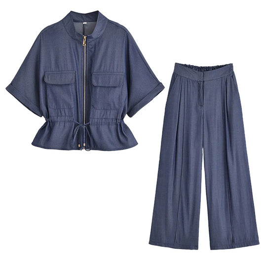 Women’s 2-Piece Casual Pants Set – Short Sleeve Shirt & High-Waist Trousers | 2025 Fashion Outfit