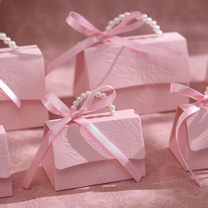 10Pcs Pink Paper Gift Boxes – 3D Flower Design with Pearl Handle for Party & Holiday Gift Packaging