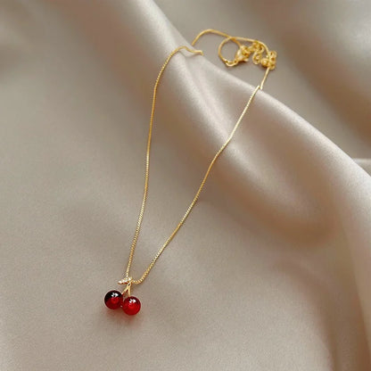 Wine Red Cherry Pendant Necklace for Women Fashion Golden Chain Fruit Jewelry Gift