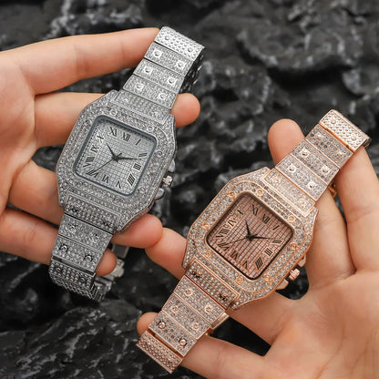 Classic Luxury Men’s Square Rhinestone Quartz Watch – Business Stainless Steel Roman Scale Wristwatch