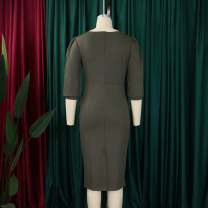 Elegant Office Dress for Women – O-Neck Half Sleeve Sheath Business Workwear Dress