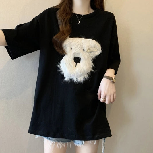 Cute 3D Plush Puppy Women’s T-Shirt – Summer Loose Cotton Half-Sleeve Top, Lazy Style Casual Tee