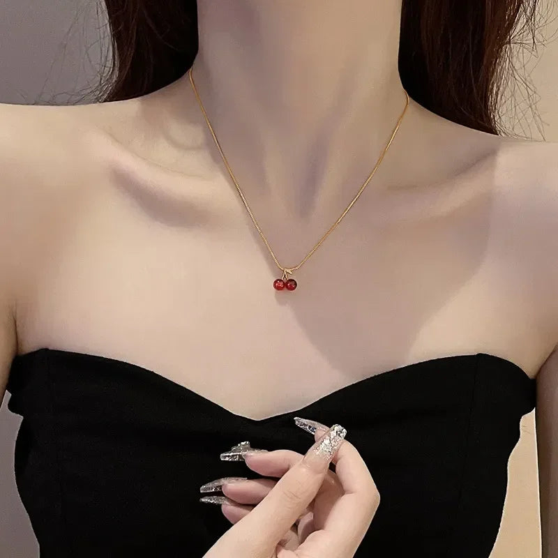 Wine Red Cherry Pendant Necklace for Women Fashion Golden Chain Fruit Jewelry Gift