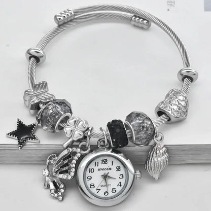 Women’s Love Bracelet Quartz Watch – Stylish Round Silver Casual Fashion Jewelry Gift