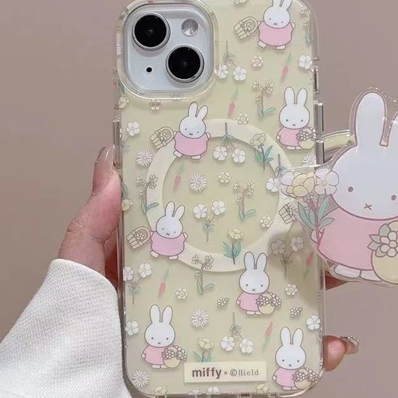 Cartoon Miffy Phone Case Suitable for Iphone 16 15 14 Cute Magnetic Bracket High Quality Anti Drop Phone Case Anime Accessories
