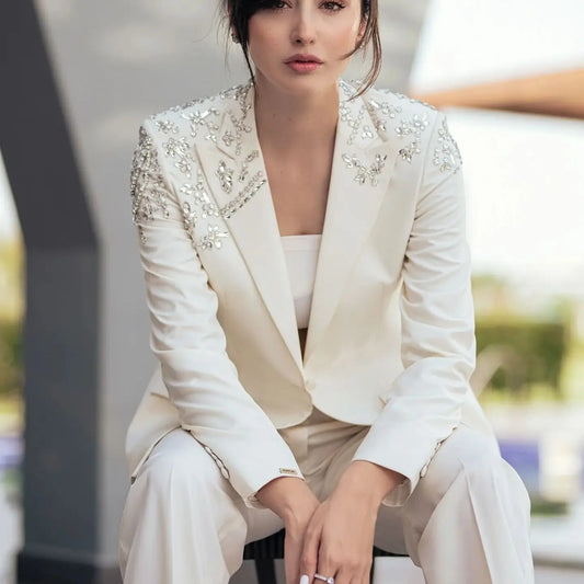 Women’s Elegant Formal Suit Set – Beaded Peaked Lapel Jacket & Pants 2-Piece Evening Outfit