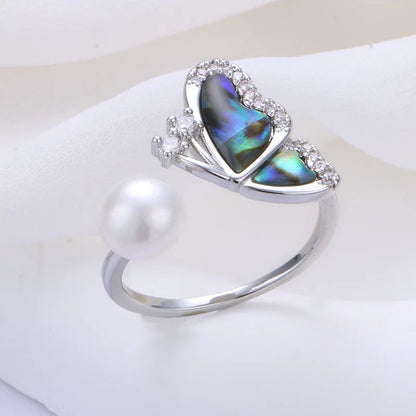 Natural Freshwater Pearl & Abalone Shell Butterfly Jewelry Set – Necklace, Earrings & Ring for Wedding and Fine Fashion