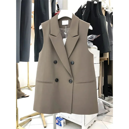 Women’s Sleeveless Black Blazer Vest – Peak Lapel Oversize Suit Coat | 2025 Elegant Korean OL Style Fashion Blazer