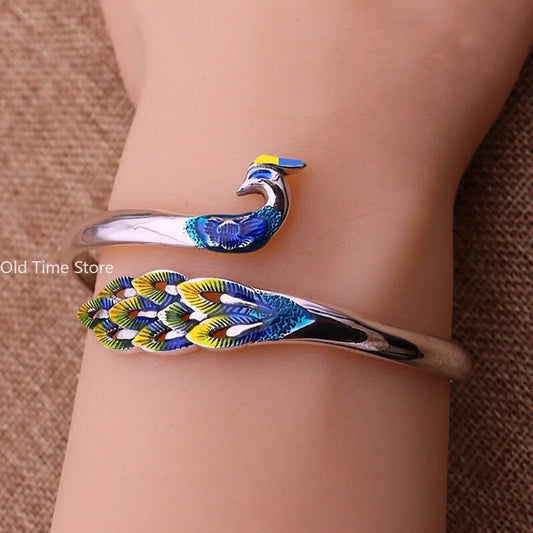 Cloisonné Peacock & Phoenix Silver-Plated Bracelet – Ethnic Vintage Openwork Jewelry for Women