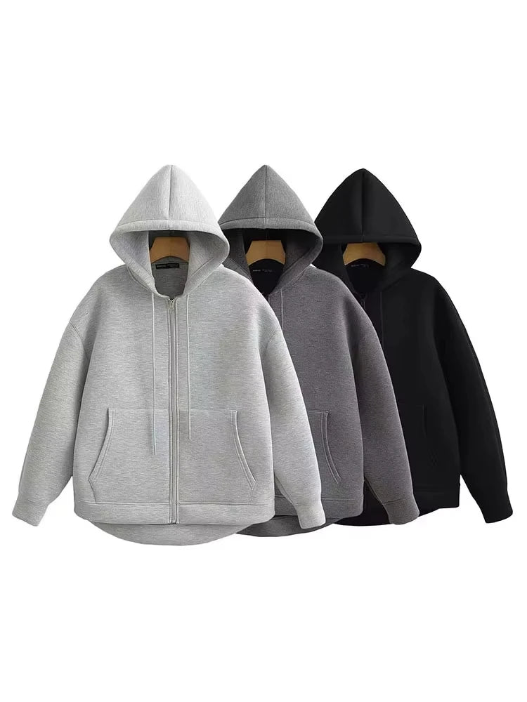 Women’s Oversized Zipper Hoodie – HH Winter High Street Loose Sweatshirt Coat with Double Pockets