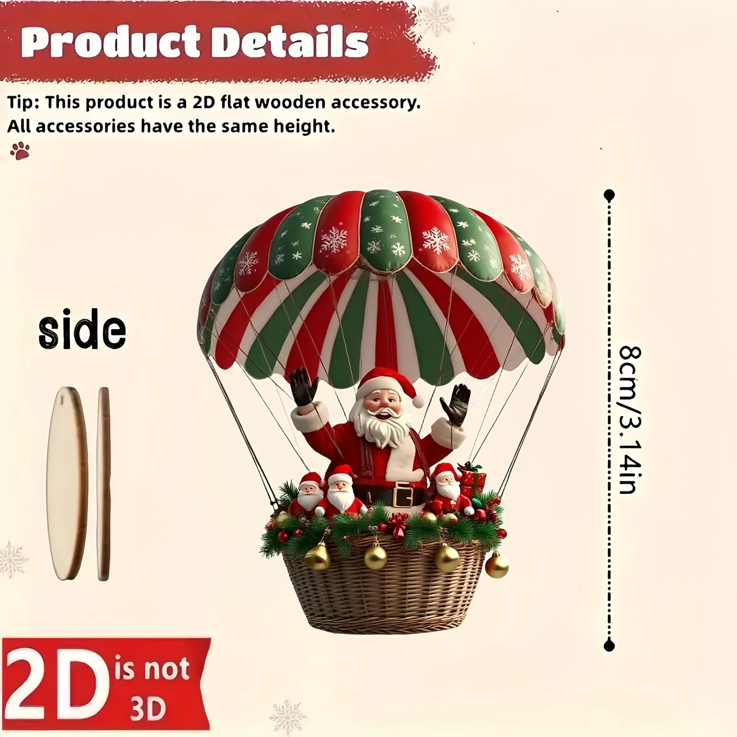 10Pcs Christmas Wooden Hot Air Balloon Santa Claus 2D Flat Wooden Pendant Christmas Tree Decoration Perfect Holiday Gift Decor